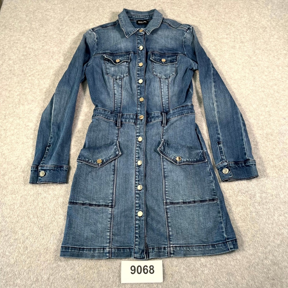 Bebe Shirt Dress Women 6 Blue Denim Cotton Stretch Collared Button Front Western
